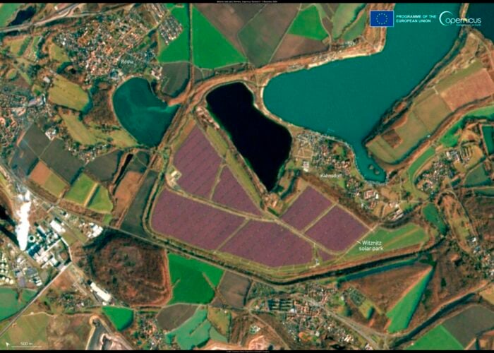 Europe’s largest PV power plant seen from the EU’s Copernicus Sentinel-2 satellite.
