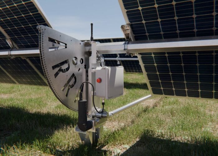 Close view of solar tracker manufacturer Array Technologies' new wireless tracker system called SkyLink