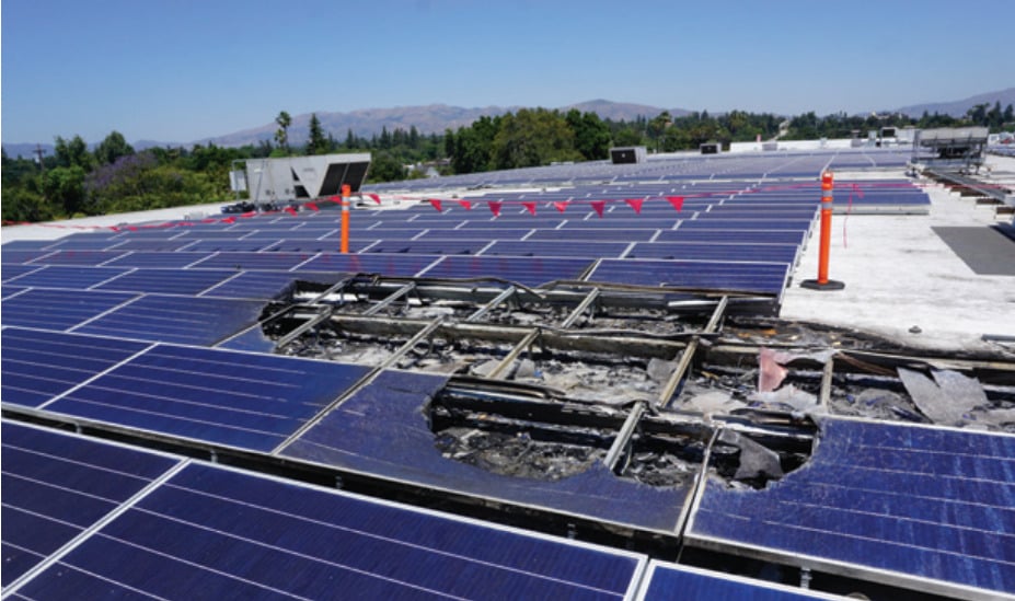 Fire damage on a rooftop solar array